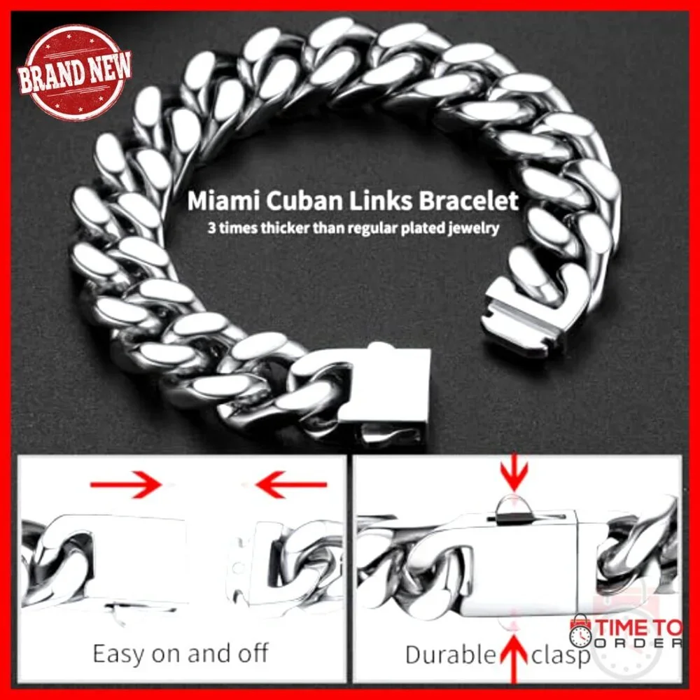 Stainless Steel Cuban Link Bracelet Men's 5mm 7mm 9mm 12mm Width Fold Over Clasp